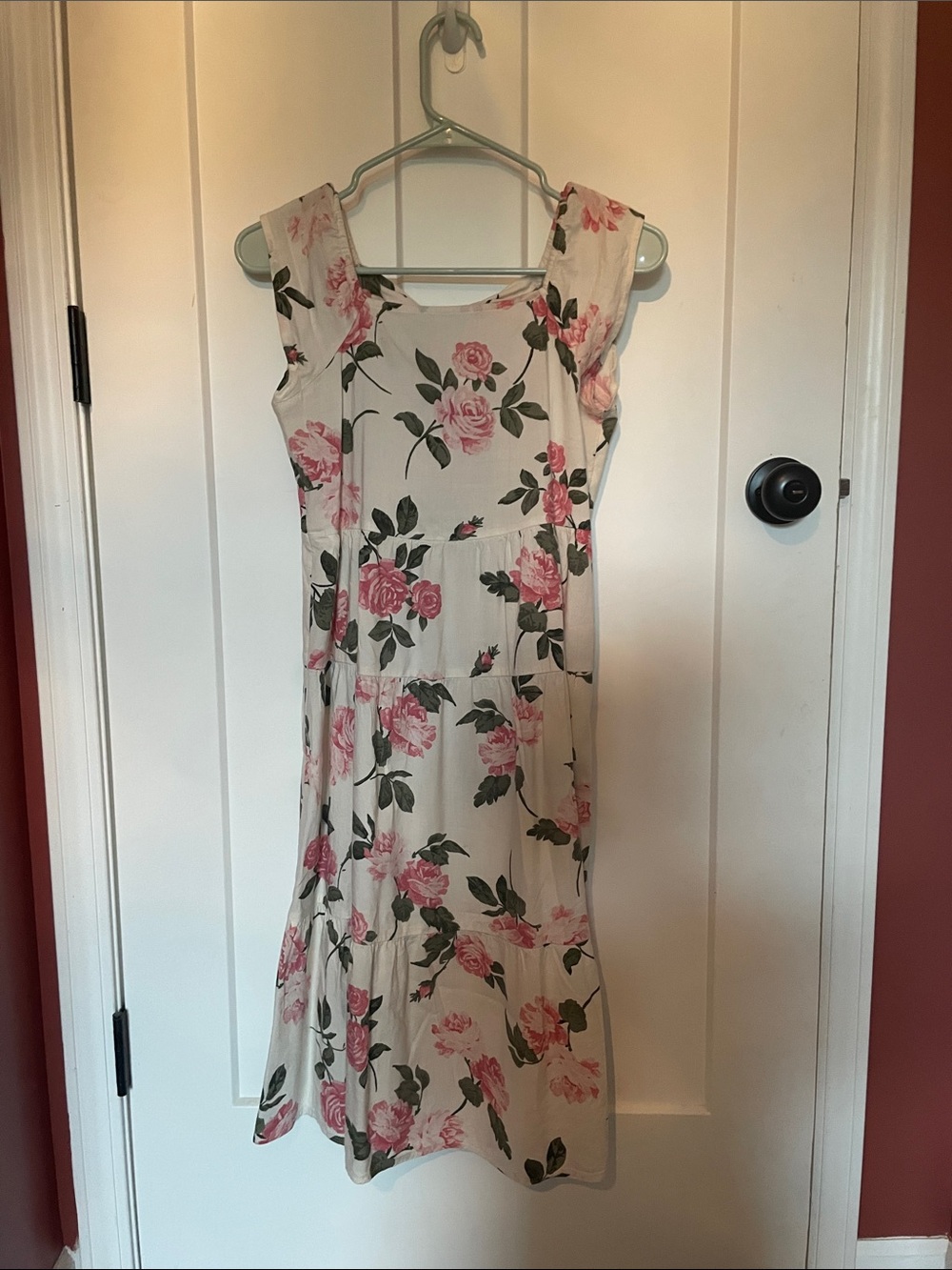 Old Navy Cream Midi Dress with Pink Rose Print